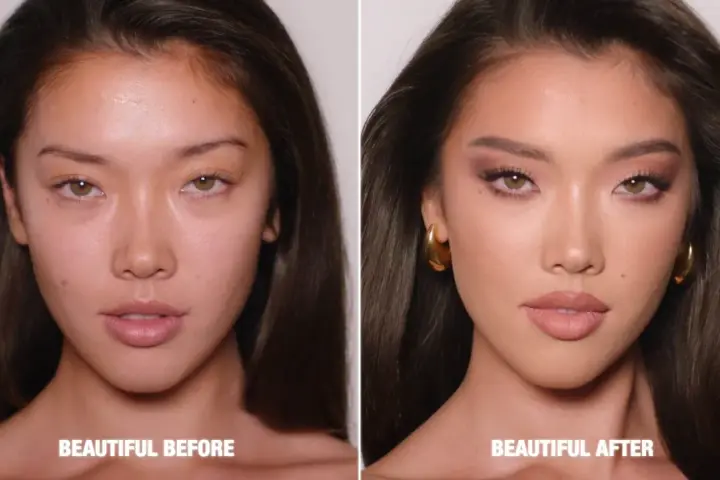 Vorher/Nachher-Vergleich: Natürliches Gesicht verwandelt sich in ein glamouröses 90er Make-up mit Smokey Eyes und matten Lippen.