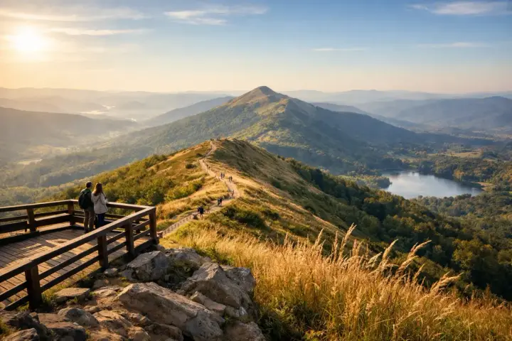 Bieszczady co warto zobaczyć: para na tarasie widokowym podziwia malowniczy szlak i jezioro w dolinie.