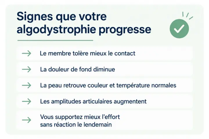 Signes d'amélioration de l'algodystrophie : membre tolérant mieux le contact, douleur diminuée, peau normale, amplitudes articulaires accrues, meilleure tolérance à l'effort.