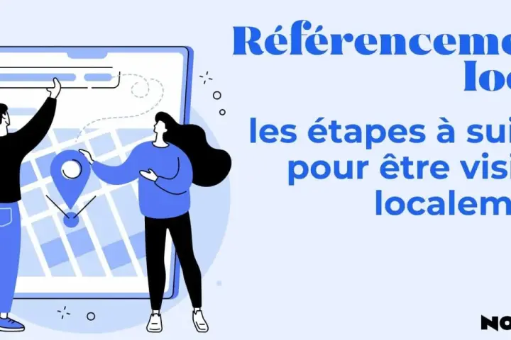 Illustration de deux personnes interagissant avec une carte sur un écran, symbolisant le référencement local Google My Business et les étapes pour être visible localement.