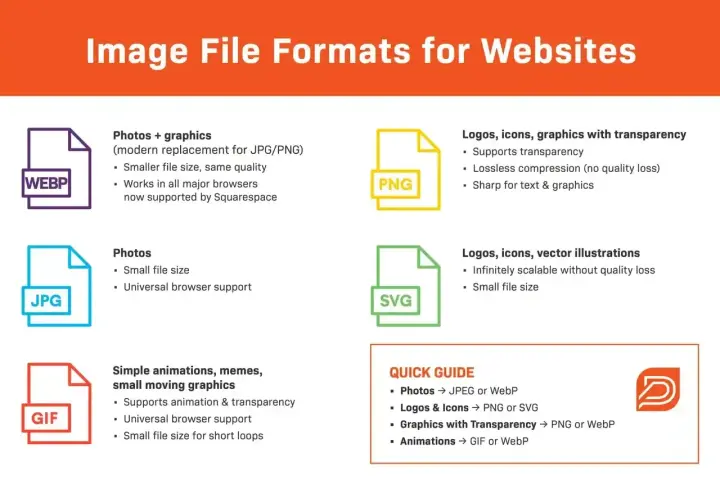 Przewodnik po formatach zdjęć dla stron internetowych: WEBP, JPG, GIF, PNG, SVG. Wybierz odpowiedni format pliku.