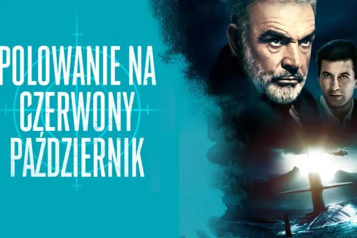 Plakat filmu "Polowanie na Czerwony Październik" z Seanem Connerym i Alec'iem Baldwinem. Na pierwszym planie okręt podwodny na wzburzonym morzu.