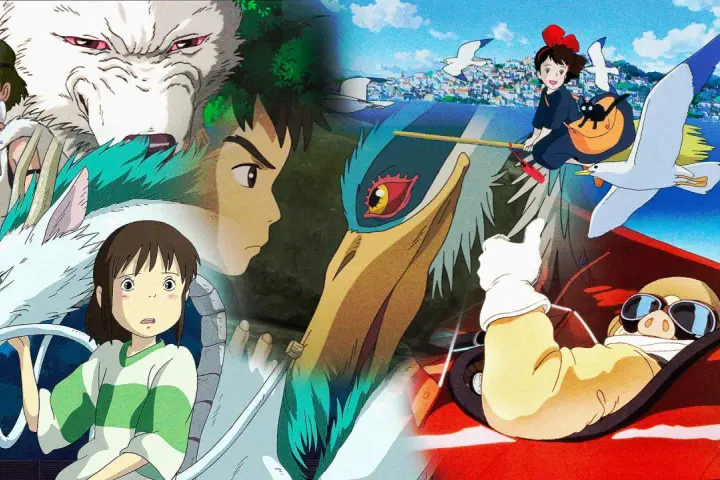 Collage di film di Studio Ghibli: Chihiro con Haku, San e il lupo, Kiki con Jiji e Porco Rosso in aereo.