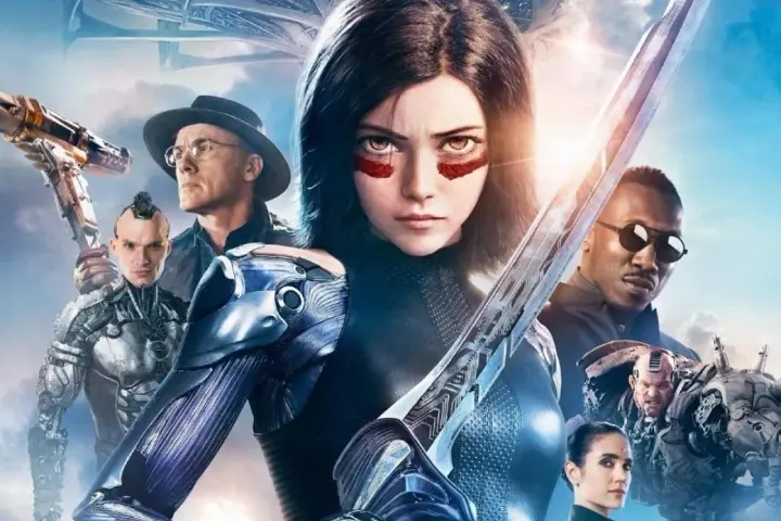 Alita Battle Angel: Alita z mieczem, otoczona przez innych bohaterów, w tym Hugo, Chiren i Ido.