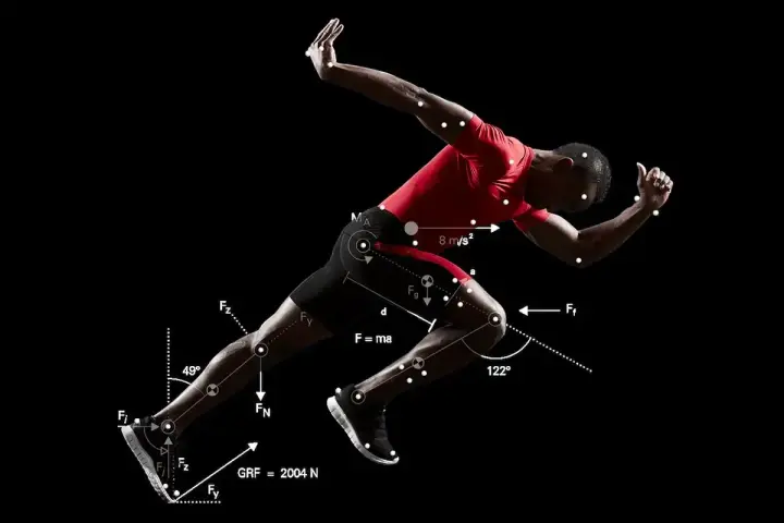 Biegacz w ruchu, z naniesionymi wektorami sił i oznaczeniami, ilustrującymi biomechanikę w sporcie.