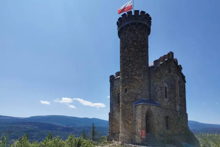 Kamienna wieża z polską flagą, część zamku księcia Henryka, góruje nad malowniczym krajobrazem gór i lasów.