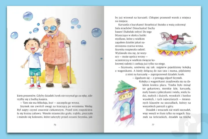 Ilustracja z bajki terapeutycznej: uśmiechnięty chłopiec trzyma dziadka za rękę, obok latają bańki. W tle wesołe miasteczko.