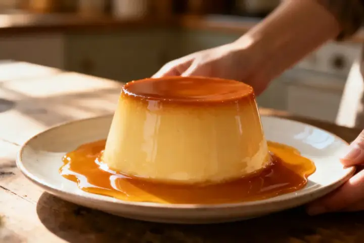 Un flan onctueux baignant dans un délicieux caramel liquide, prêt à être dégusté.