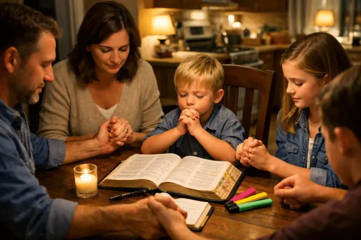 A family gathers for a meaningful family bible study, holding hands around an open Bible, with a candle casting a warm glow.