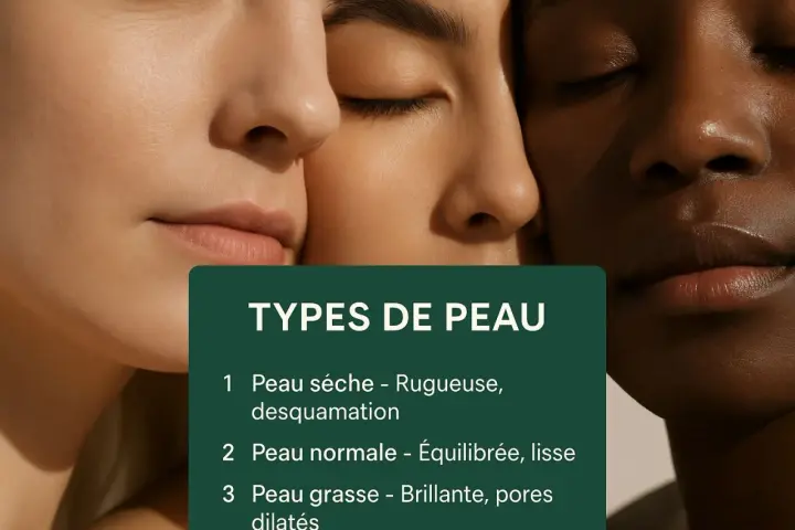 Trois visages aux teints variés se rapprochent. Une carte indique comment **connaître son type de peau** : sèche, normale ou grasse.
