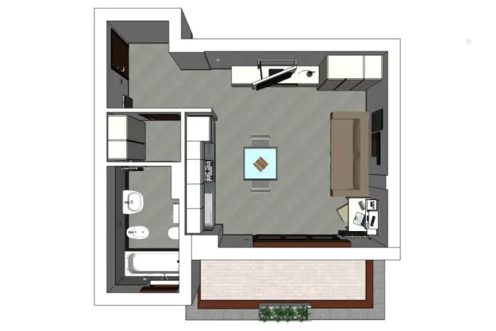 Pianta progetto casa 35 mq: bagno, cucina a vista, soggiorno con divano e tavolo, e un'area esterna pavimentata.
