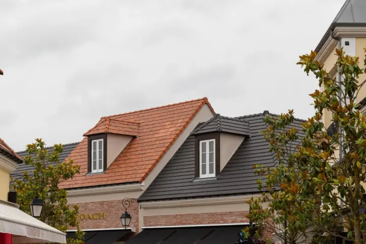 Toits de bâtiments avec différents types de tuiles : une toiture en tuiles d'argile orangées et une autre en tuiles d'ardoise grises.