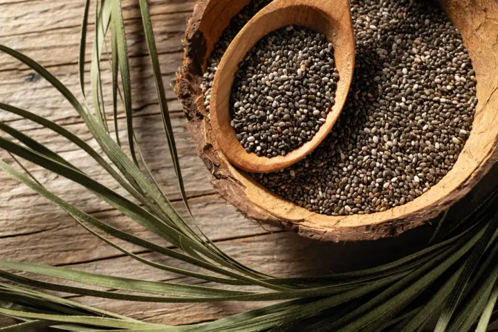 Graines de chia dans une écorce de noix de coco, une cuillère en bois remplie de ces petites graines. Un aliment idéal pour une femme enceinte.