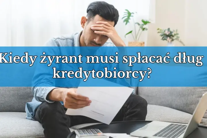 Zmartwiony mężczyzna z dokumentami i kalkulatorem. Kiedy żyrant musi spłacać dług kredytobiorcy?