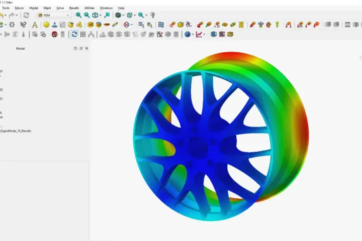 Symulacja naprężeń felgi w programie do projektowania CAD. Kolory wskazują rozkład naprężeń.