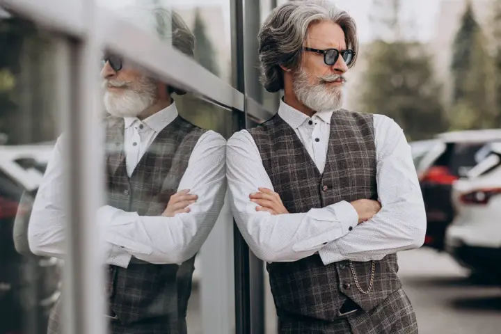 Uomo con barba bianca e occhiali da sole, indossa un elegante outfit uomo gilet a quadri, camicia bianca e pantaloni scuri.
