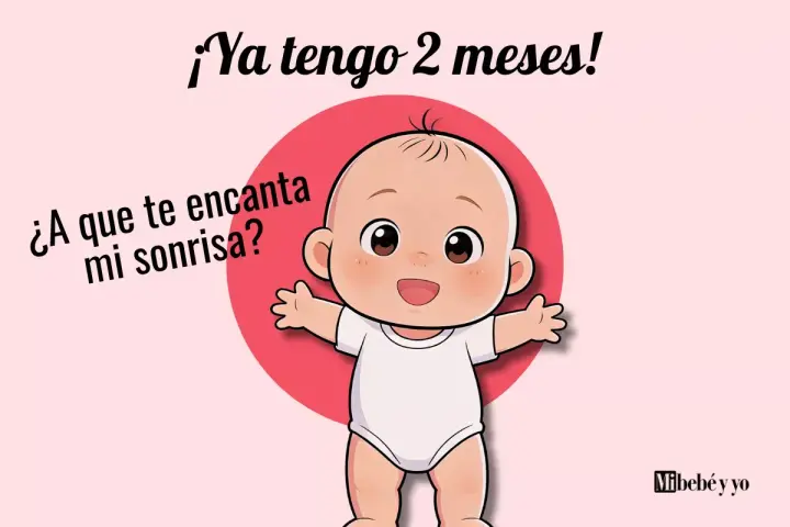 Un bebé de 2 meses sonríe con los brazos abiertos. "¡Ya tengo 2 meses! ¿A que te encanta mi sonrisa?