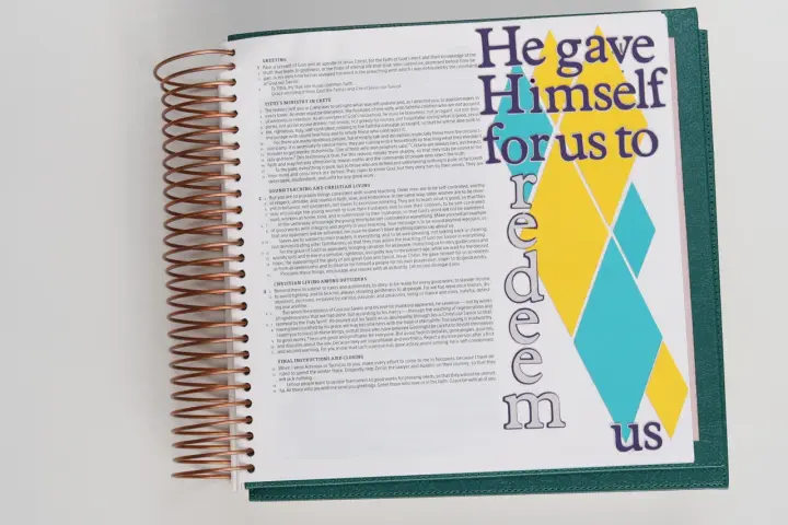 Open Bible with "He gave Himself for us to redeem us" text. Great for bible journaling ideas.