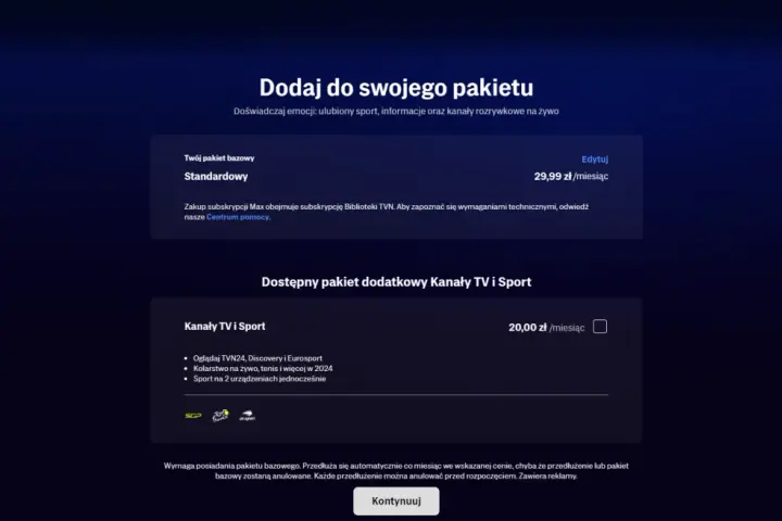 Dodaj do swojego pakietu Max: standardowy za 29,99 zł/miesiąc i pakiet dodatkowy Kanały TV i Sport za 20 zł/miesiąc.