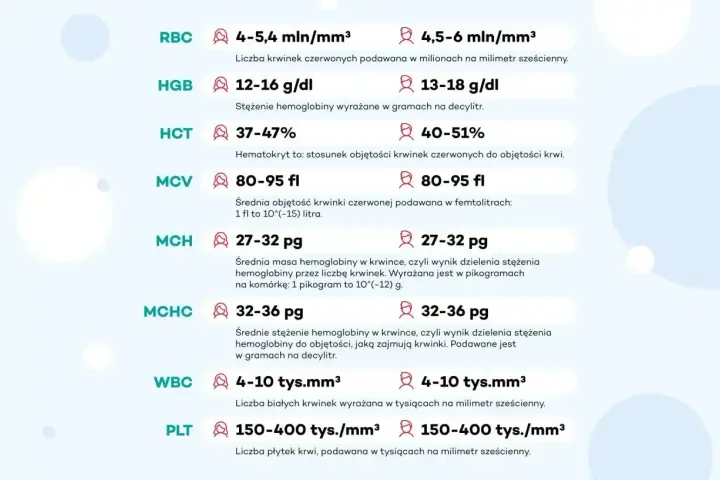 Tabela z wynikami morfologii krwi: RBC, HGB, HCT, MCV, MCH, MCHC, WBC, PLT. Wyjaśnia, co to jest hgb i inne parametry.