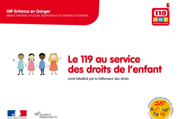Dessin d'enfants de différentes origines se tenant la main, avec le numéro 119 et le texte "Le 119 au service des droits de l'enfant".