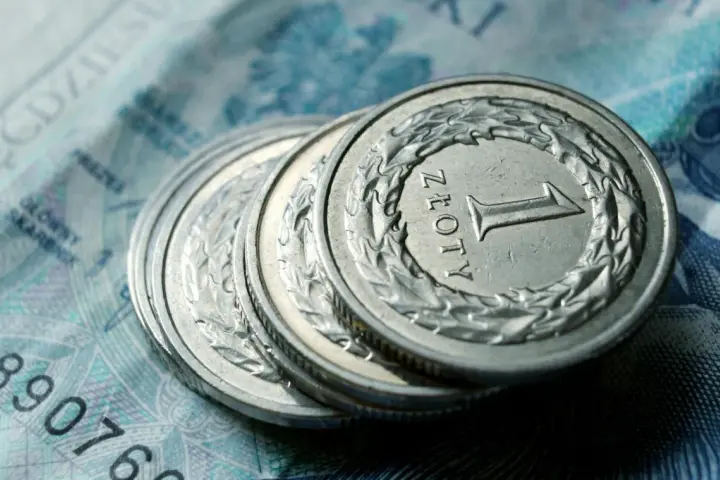 Monety 1 złoty leżące na banknocie.