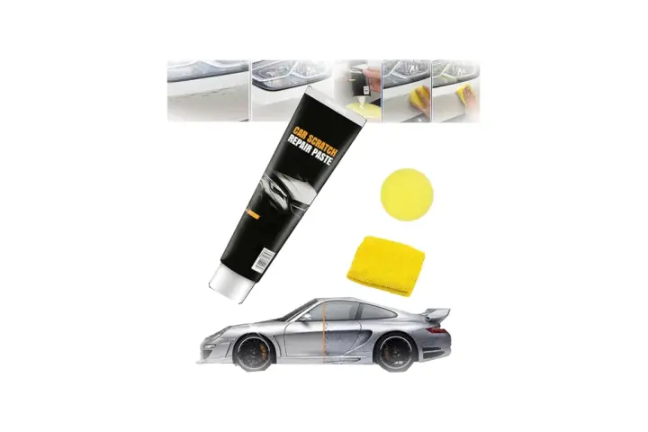 Car scratch repair paste tube, yellow sponge, microfiber cloth, and a car split to show before/after repair.