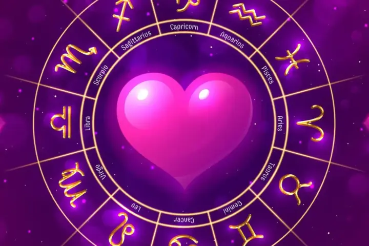 Znak zodiaku 12 listopada to Skorpion. Złote symbole zodiaku otaczają różowe serce na fioletowym tle.