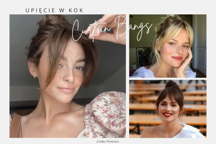 Koki z delikatną grzywką na boki. Trzy kobiety prezentują różne wersje tej fryzury.