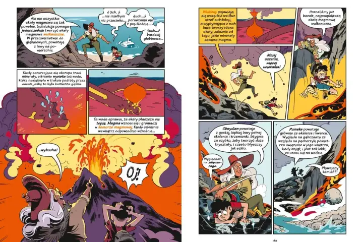 Jak wygląda komiks: naukowcy badają wulkany, lawę i minerały. Dzieci uciekają przed erupcją, a potem obserwują pływające kamienie.