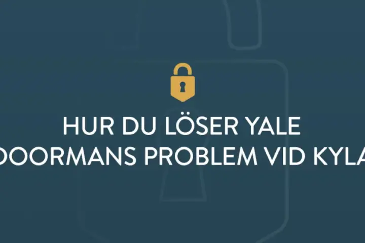 Guldfärgad hänglåsikon ovanför texten "HUR DU LÖSER YALE DOORMANS PROBLEM VID KYLA".