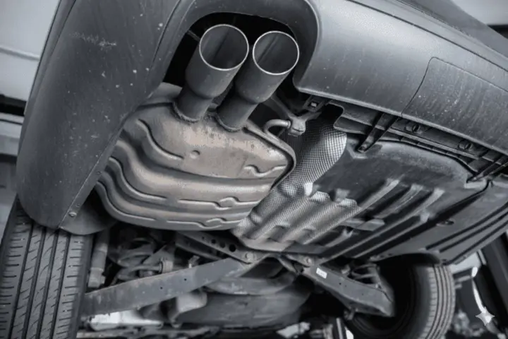 The underside of a car shows a dual exhaust system leading to a large muffler, which is a key component for reducing engine noise.