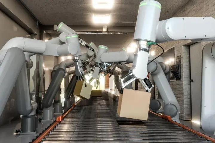 Wiele ramion robotów współpracujących chwyta kartony na linii produkcyjnej.