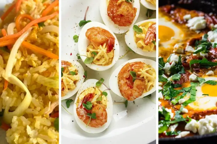 Drei Gerichte: gebratener Reis, gefüllte Eier mit Garnelen und Shakshuka. Tolle Eier Rezepte für jeden Anlass.