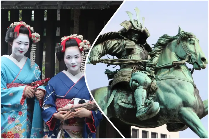 Due geishe in kimono e una statua di samurai a cavallo, immagini iconiche dei film giapponesi famosi.