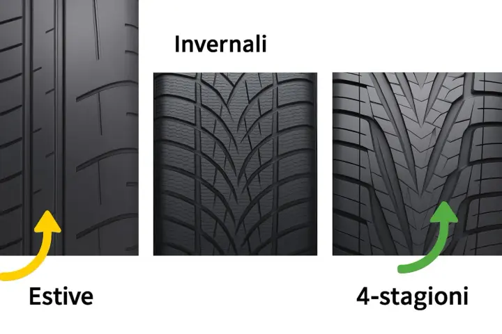 Confronto tra pneumatici: estivi, invernali e gomme 4 stagioni solo davanti.