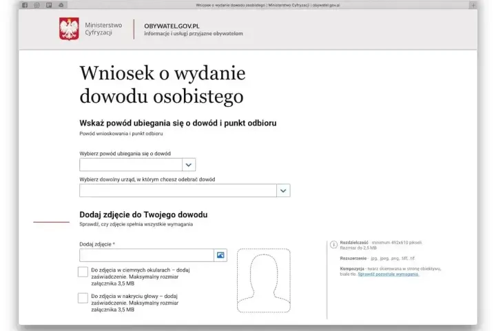 Formularz wniosku o dowód osobisty. Zastanawiasz się, ile czeka się na dowód? Tutaj wybierasz powód, urząd odbioru i dodajesz zdjęcie.