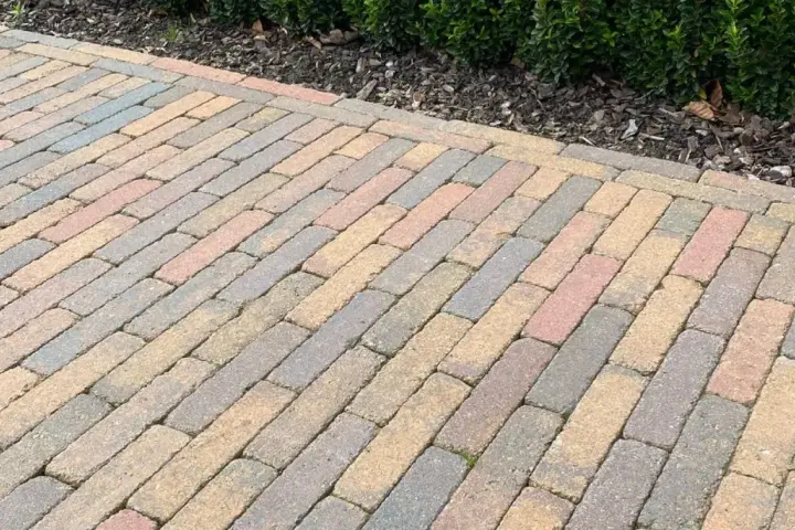 Un chemin en pavés extérieurs aux teintes chaudes et grises, bordé par un buisson verdoyant.