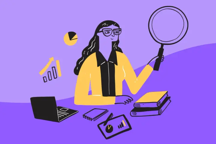 Mujer con lupa investiga datos, gráficos y libros. ¿Qué tipo de palabra es porque?