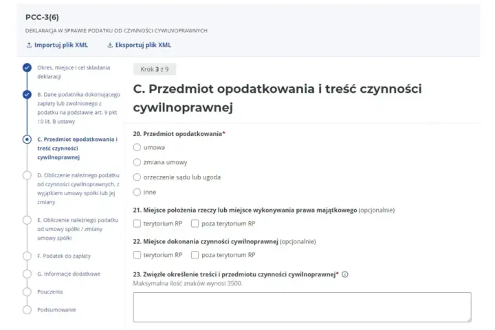 Formularz PCC-3(6) - sekcja "C. Przedmiot opodatkowania i treść czynności cywilnoprawnej" z polami do wypełnienia.