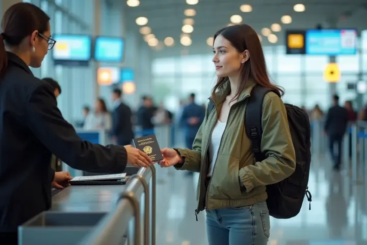 Une jeune femme remet son passeport à un agent à l'aéroport. Faut-il un passeport pour aller à Majorque ? La réponse dépend de votre nationalité.