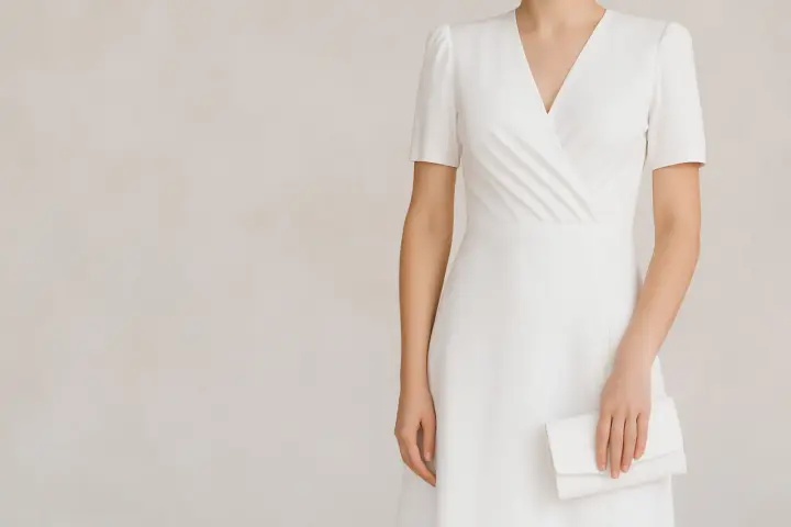 Elegancka biała sukienka z kopertówką – idealne dodatki do białej sukienki na wesele.