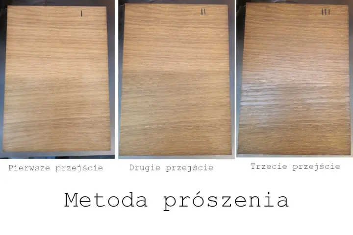 Trzy próbki drewna pokazują efekt bielenia. Pierwsza próbka jest naturalna, druga lekko bielona, a trzecia mocno bielone drewno.