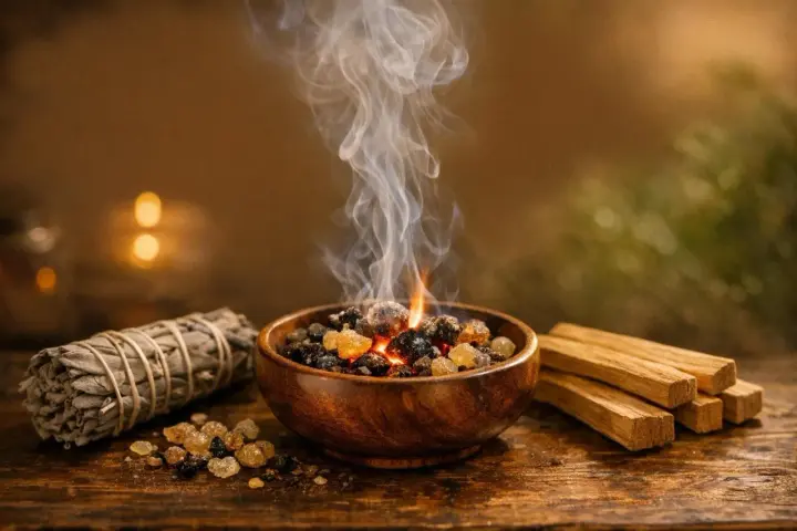 Humo ascendente de resinas en un cuenco de madera, junto a un atado de salvia y palos de palo santo. Aprende como leer el humo del palo santo.