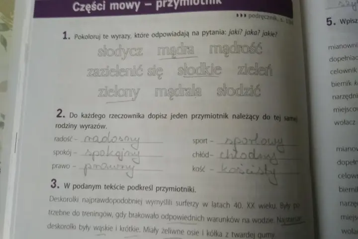 Przykłady przymiotników: mądra, słodkie, zielony. Ćwiczenia pomagają zrozumieć ich zastosowanie.