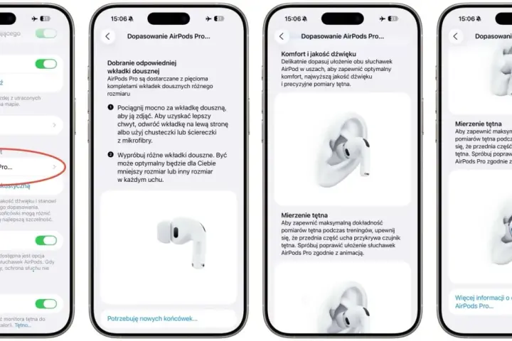 Ekran ustawień AirPods Pro 3 z opcją dopasowania i pomiaru tętna.