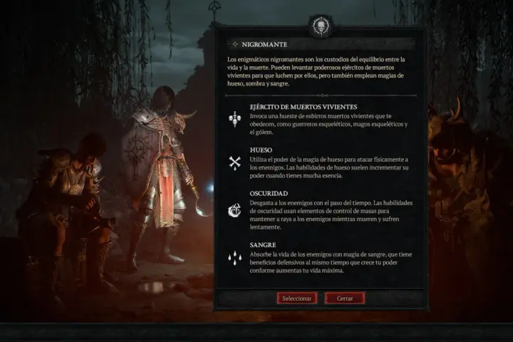 Clases de Diablo 4: Nigromante, que invoca muertos vivientes, usa magia de hueso, oscuridad y sangre.