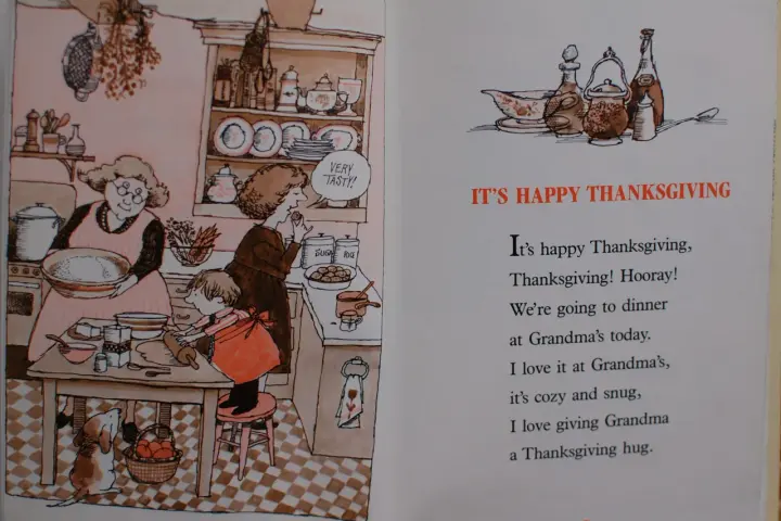 Babcia i wnuczek pieką ciasto. Wiersz "It's happy Thanksgiving" to jedne z najpiękniejszych wierszy religijnych dla dzieci.