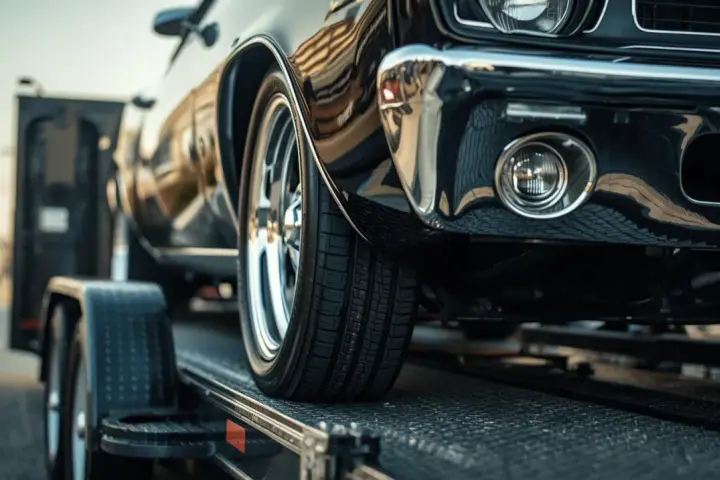 Czarne auto na lawecie, widoczna przednia część i koło.