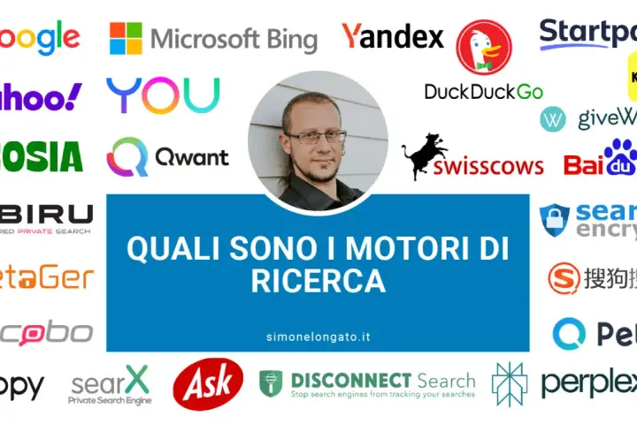Loghi di vari motori di ricerca, tra cui Google, Bing, DuckDuckGo, Startpage, Ecosia, Qwant, Swisscows, Baidu, e altri, con la domanda "Quali sono i motori di ricerca".